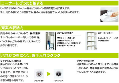 コーナー手洗キャビネット[ハンドル水栓][アクアセラミック][壁排水][一般地・寒冷地共用]